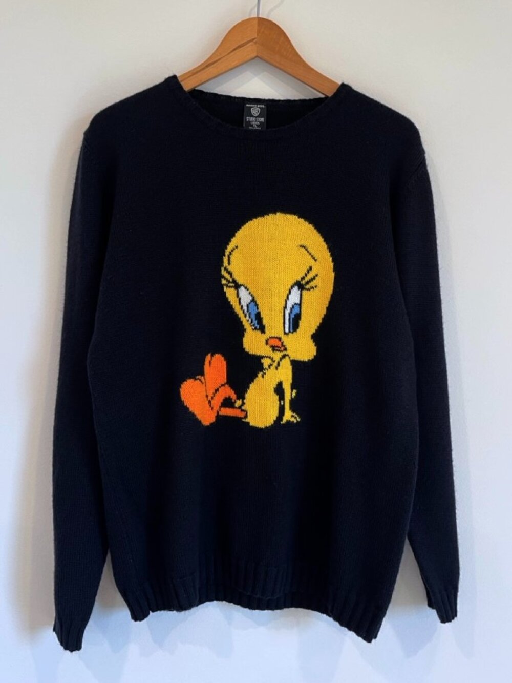 Vintage Warner Bros Studio Store Womens XL Tweety Bird Knit Sweater Black